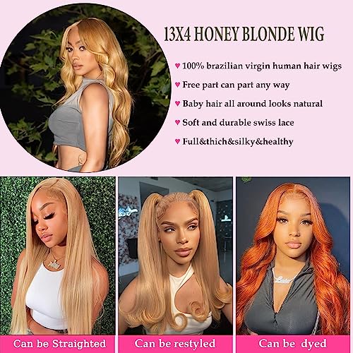 20 Inch Honey Blonde Body Wave Human Hair Lace Front Wig 180% Density Pre Plucked - Image 2