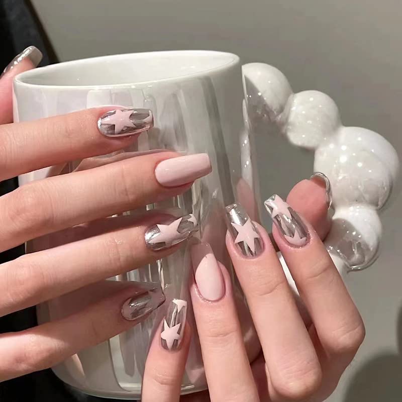 24 Piece Pink Coffin Acrylic Nail Design Set for Stylish Manicure