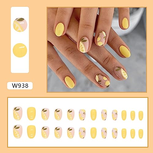 Summer Press on Nails Oval Fake Nails with Lemon Designs Stick on Nails Full Cover Yellow Acrylic Artificial Nails Short Glossy Glue on Nails for Women Girls Holiday Nail Supplies Gift 24pcs - Image 2