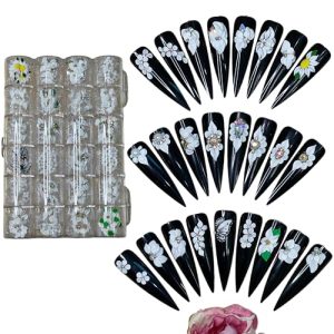 Elegant White Floral Acrylic Nails Set, 24 Piece, Size Medium