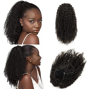 Anrosa 12 Inch Afro Kinky Curly Ponytail Extensions Natural Black Human Hair