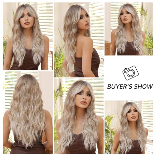 Allbell Long Platinum Blonde Wavy Wigs for Women Synthetic Curly Middle Part Wig with Side Bangs Natural Looking Heat Resistant Fibre for Daily Party Use - Image 7