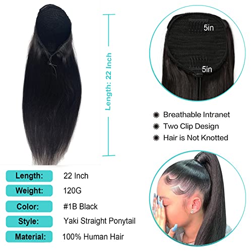 Yaki Straight Drawstring Ponytail Human Hair Afro Ponytail for Black Women Natural Black Color Brazilian Virgin Human Hair Drawstring Ponytail Extension Remy Hair Extensions 22” - Image 2