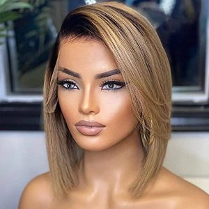 Ombre Straight Bob 13x6 Lace Front Wigs Human Hair Ash Blonde Short Bob Pre Plucked Glueless Wig with Elastic Band for Black Women (12 Inch)
