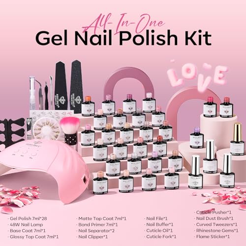 Modelones 45PCS Gel Nail Polish Kit with U V Light 28 Colors Valentine's Day Gift Pink Nude Purple Glitter Gel Nail Polish Set/48W Nail Dryer/Glossy & Matte Base Top Coat/Nail Primer/Manicure Tool DIY - Image 2