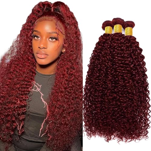 Wine Red Human Hair Bundles Dark Burgundy Bundles 99J Red Kinky Curly Human Hair Bundles 22 24 26 Inch Grade 8A Remy Hair 3 Bundles Wine Red Curly Bundles Hair Extensions