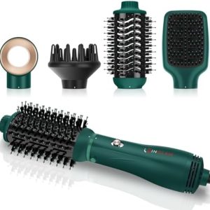 IG INGLAM Hair Dryer Brush, 4-in-1 Detachable Blow Dryer Brush, Ionic Diffuser Hair Dryer & Styler Volumizer with Oval Titanium Barrel, One-Step Hot Air Blowout Brush, Updated Push Switch, Dark Green