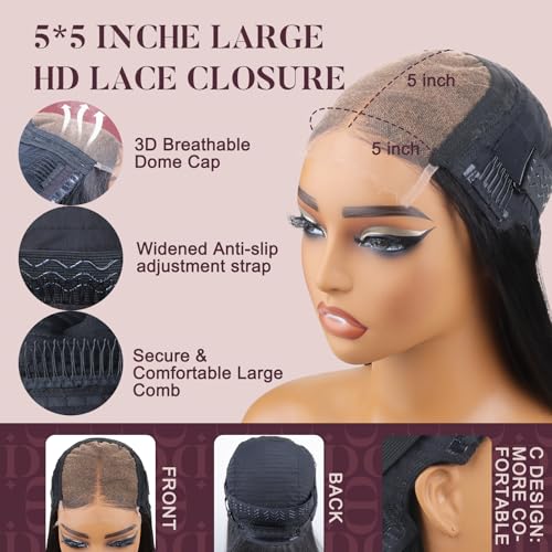 SKINLIKE 5X5 REAL HD Closure Wig Human Hair Invisible Scalp-Melting - Glueless Straight, 0.1mm Ultra-Thin Seamless Blending HD Lace,Tiny Knots, Pre-Plucked, Bleached Knots, 180% Density 16 Inch - Image 6