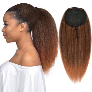 Kinky Straight Long Wig Ponytail 20inch Yaki Straight Fake Hair Ponytail Extensions for Women Black Mix Brown Drawstring Up Down Ponytail Clip in (T1B/30)