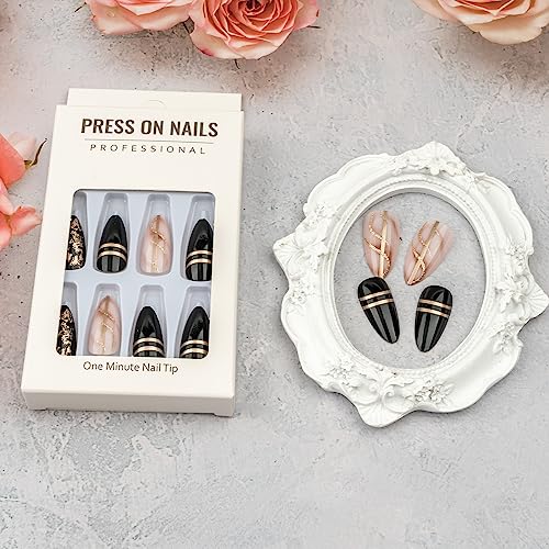 Glossy Medium Black Almond Press On Nails with Gold Swirls 24 Piece Set - Image 3
