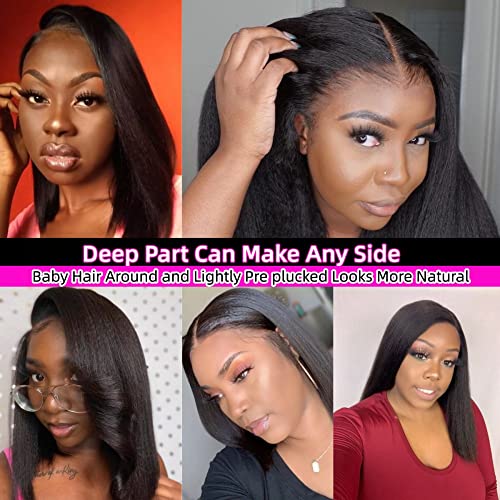 Wear and Go Glueless Kinky Straight Human Hair Bob Wigs for Black Women 13x4 HD Transparent Lace Frontal Pre plucked 10 Inch Short Bob Wig 150% Italian Yaki Straight Wigs Middle Part - Image 3