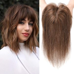 REECHO 10 Inch Brown Real Human Hair Topper for Women Clip-In Extensions with Bangs