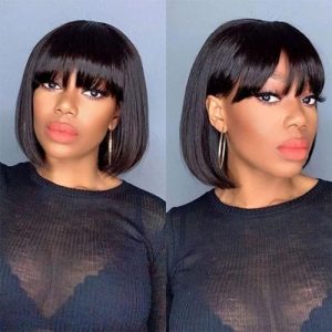 10 Inch Light Yaki Bob Wigs for Black Women Wear And Go Glueless Wig Short Straight Blunt Cut Bob Wig With Bangs 180% Density Natural Hairline Synthetic Bangs Wig for Daily Party Use(Black)