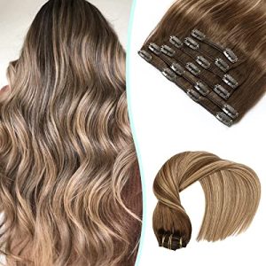 VINBAO Clip In Hair Extensions Human Remy Hair Balayage Chocolate Brown to Caramel Blonde Hair Extensions Clip in Human Hair 20 Inch 6pcs 120g Double Drawn Clip on Hair Extensions(#4/27/4,20'')
