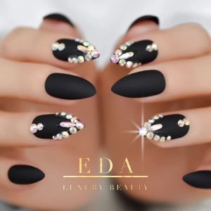 Black Matte 3D Luxe Crystal Design Press On Nails Full Cover Acrylic Nail Kit Glue On Gothic False Nails Extra Long Round Almond Stiletto Nail Art Tips Fashion Fake Nails Set