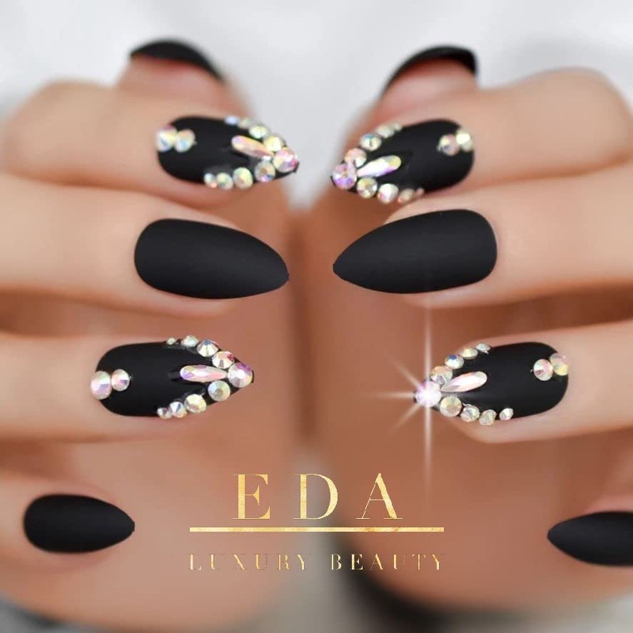 Black Matte 3D Luxe Crystal Design Press On Nails Full Cover Acrylic Nail Kit Glue On Gothic False Nails Extra Long Round Almond Stiletto Nail Art Tips Fashion Fake Nails Set