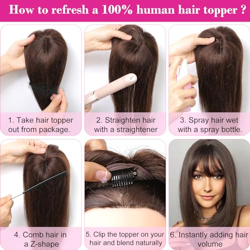 REECHO 10 Inch Brown Real Human Hair Topper for Women Clip-In Extensions with Bangs - Image 7