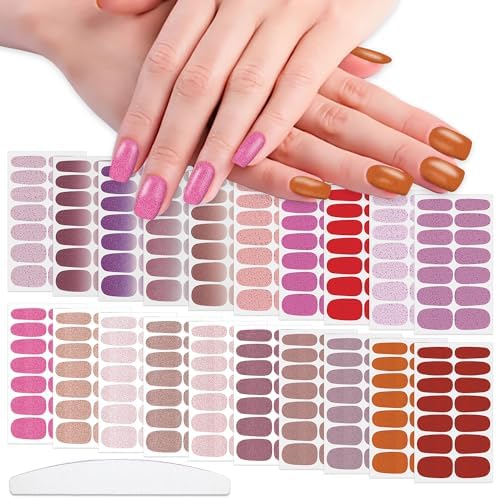 WOKOTO 20 Sheets Solid Pink Full Nail Polish Stickers False Nail Design Stickers Glitter Pink Gradient Nail Stickers Full Nail Wraps For Women Girls Nails Stick On Nail Polish Strips Nail Gel Stickers