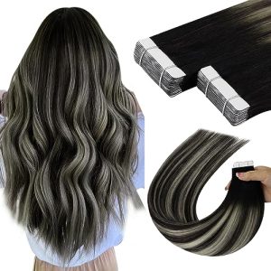 YoungSee 22 Inch Ombre Black to Grey Silver Tape in Human Hair Extensions 50G 20Pcs