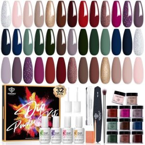 Modelones 32 Pcs Dip Powder Nail Kit Starter, 20 Colors Nude Pink Purple Brown Red Green Dipping Powder Liquid Set with Base/Top Coat Activator Brush Saver for Nail Art Manicure DIY Gift