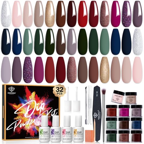 Modelones 32 Pcs Dip Powder Nail Kit Starter, 20 Colors Nude Pink Purple Brown Red Green Dipping Powder Liquid Set with Base/Top Coat Activator Brush Saver for Nail Art Manicure DIY Gift