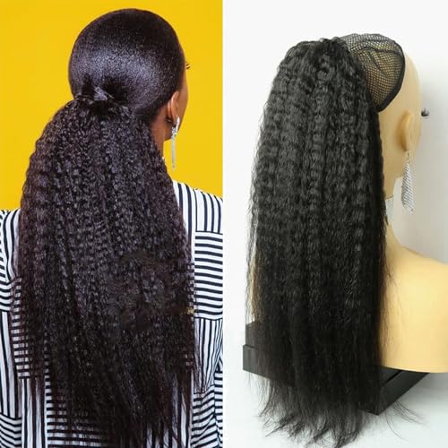 Kinky Straight Drawstring Ponytail Hair Extensions Double Drawn Yaki Drawstring Ponytails for Black Women Natural Color 16 Inch 200g - Image 2