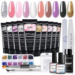 Poly Gel Nail Kit 10 Colors Quick Nail Extension Gel Builder Slip Solution Nail Strengthener Rhinestone French Complete Poly Gel Beginner Starter Kit for DIY Manicure Home Women Gift