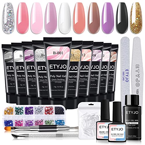 Poly Gel Nail Kit 10 Colors Quick Nail Extension Gel Builder Slip Solution Nail Strengthener Rhinestone French Complete Poly Gel Beginner Starter Kit for DIY Manicure Home Women Gift