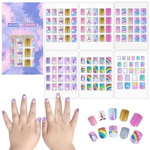 SIUSIO 124 Pcs 6 Pack Children Acrylic Fake Nails Press on Cute Pre-glue Full Cover Glitter Gradient Color Rainbow Short Kids Stick On False Nail Art Kits Set for Kids Little Girls - Dreamy Fairy