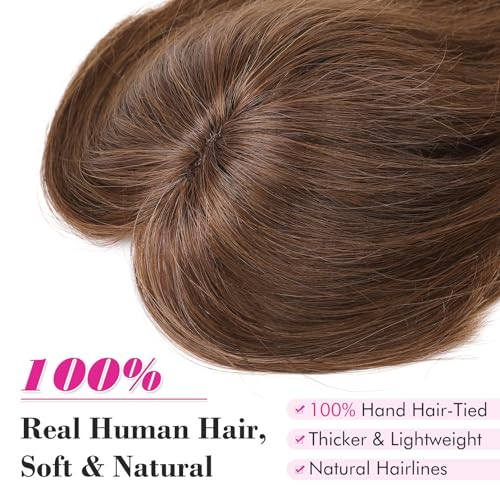REECHO 10 Inch Brown Real Human Hair Topper for Women Clip-In Extensions with Bangs - Image 2