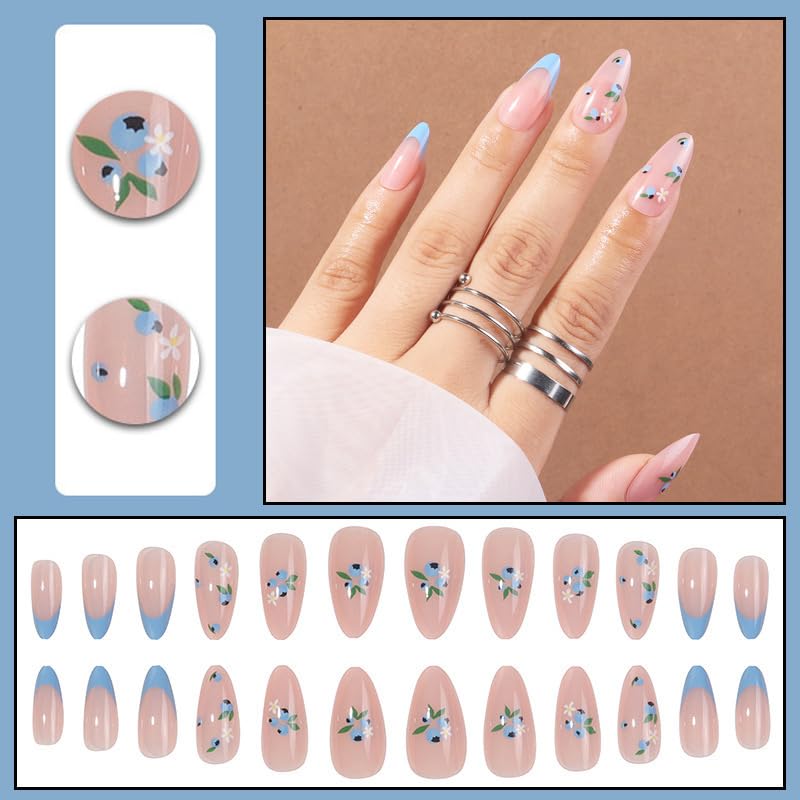 Baby Blue Tips French Almond Press on Nails with Cute Flowers Design, Long Almond Fake Nails Art, Glossy Nude Fake Nails Kit, 24 pieces EALGA-LA031 - Image 3
