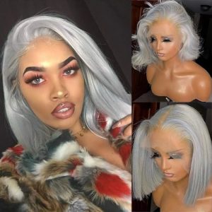 Benafee Bob Wig Human Hair 13x4 Lace Front Wigs Human Hair Pre Plucked with Baby Hair Grey Short Human Hair Bob Wig Glueless 180% Density Straight HD Transparent Lace Frontal Bob Wig Human Hair 8 Inch