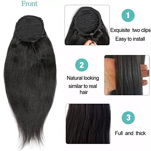Yaki Straight Drawstring Ponytail Human Hair Afro Ponytail for Black Women Natural Black Color Brazilian Virgin Human Hair Drawstring Ponytail Extension Remy Hair Extensions 22” - Image 3