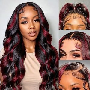 1B/99J Ombre Burgundy Lace Front Wig Human Hair Body Wave Skunk Stripe Wig 24inch 13X4 Red Highlights with Black Lace Front Wig Human Hair for Women Pre Plucked with Baby Hair 150% Density