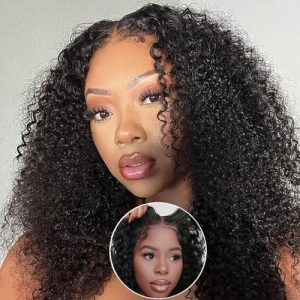 Kinky Curly Glueless Wig Human Hair Pre Cut Lace Lace Closure Wigs Pre Plucked with Baby Hair Breathable Cap Wear and Go Pre Bleached Small Knots 150% Density (18icnh, Natural Black)