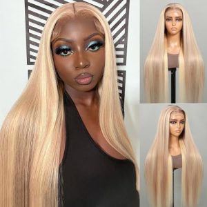 MEGALOOK P10/613 Highlight Blonde Lace Front Wigs Human Hair 12A 230% Ombre Blonde Glueless Straight Wigs Human Hair Pre Plucked 13x4 HD Lace Front Wigs Human Hair 24 Inch