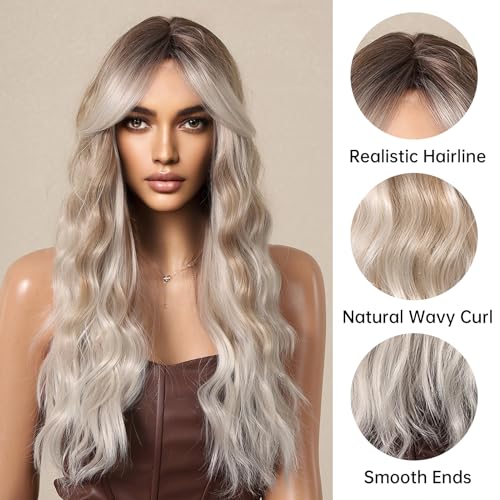 Allbell Long Platinum Blonde Wavy Wigs for Women Synthetic Curly Middle Part Wig with Side Bangs Natural Looking Heat Resistant Fibre for Daily Party Use - Image 3