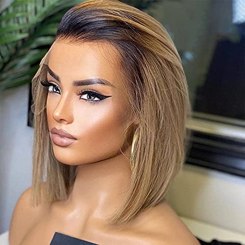 Ombre Straight Bob 13x6 Lace Front Wigs Human Hair Ash Blonde Short Bob Pre Plucked Glueless Wig with Elastic Band for Black Women (12 Inch) - Image 3