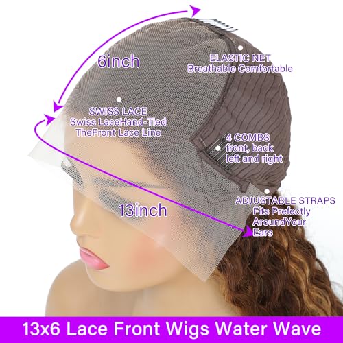 Highlight Lace Front Wig 13x6 Water Wave Lace Front Wigs Human Hair Pre Plucked 180% Density Honey Blonde HD Lace Front Wig For Women Wet And Wavy 4/27 Ombre Curly Lace Frontal Wig 26 Inch - Image 4