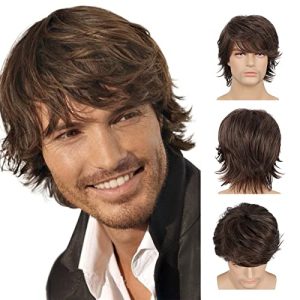 Handsome Short Brown Wig for Mens，Natural Fluffy Toupee for Men,Synthetic Hair Replacement Systems Hairpieces with Wig Cap,for Office Party Cosplay Daily Social Christmas Halloween (Brown)