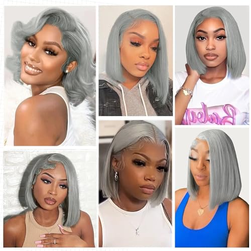 Benafee Bob Wig Human Hair 13x4 Lace Front Wigs Human Hair Pre Plucked with Baby Hair Grey Short Human Hair Bob Wig Glueless 180% Density Straight HD Transparent Lace Frontal Bob Wig Human Hair 8 Inch - Image 5