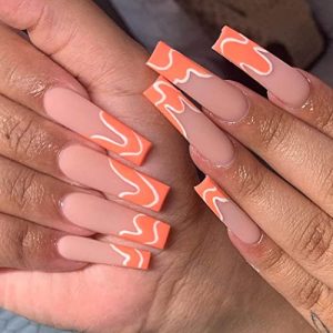 Super Long Coffin Fake Nails Matte Orange Press on Nails Designed Abstract Line Ballerina French Nails Tips Cute Full Cover Acrylic False Nails Sets for Women and Girls 24Pcs (C)