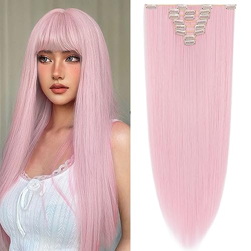 S-noilite Ombre Dip-dye Color 8 Piece Full Head Clip in Hair Extension 26 Inches 66cm Length Ash Blonde Curly New Synthetic Anti-tangle for Dreamlike Girls 26in Straight-Pink