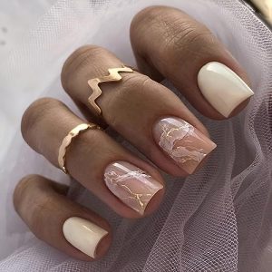 Square Press on Nails Short White Pink Fake Nails with Gold Foil Design Acrylic Nails Full Cover Stick on Nails Glue on Nails for Women 24 Pcs