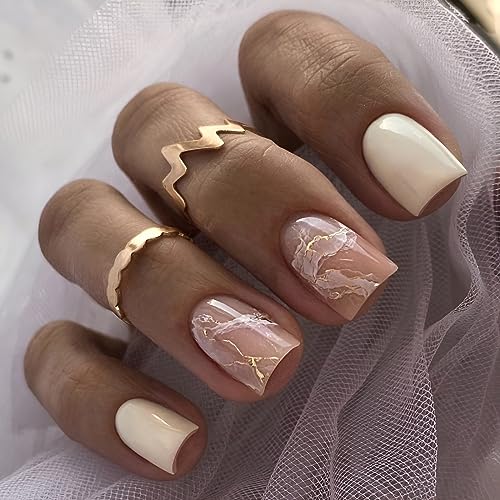Square Press on Nails Short White Pink Fake Nails with Gold Foil Design Acrylic Nails Full Cover Stick on Nails Glue on Nails for Women 24 Pcs