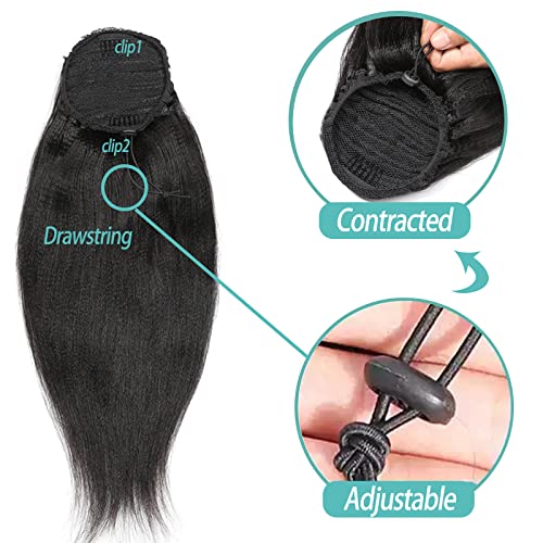Yaki Straight Drawstring Ponytail Human Hair Afro Ponytail for Black Women Natural Black Color Brazilian Virgin Human Hair Drawstring Ponytail Extension Remy Hair Extensions 22” - Image 5