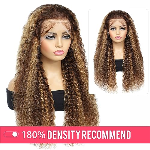 26inch Highlight Ombre Water Wave P4/27 Highlight 13x4 HD Transparent Lace Front Wigs Ombre Human Hair Wet and Wavy Curly Glueless Lace Frontal Wigs Pre Plucked with Baby Hair 180% Density - Image 9