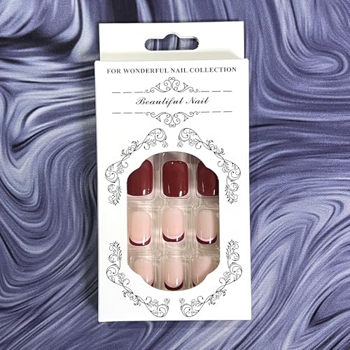 French Tip Press on Nails Christmas Fake Nails Short Square Glue on Nails Red False Nail Tips Full Cover Red Stick on Nails Glossy Xmas Acrylic Nails for Women Girls Christmas Nail Art Decoration - Image 2
