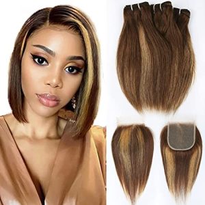 4/27 Highlight Bundles and Closure Straight P4/27 Human Hair Bundles with Closure(10 10 10+10) Brazilian Ombre Blonde Colored Short Bob Human Hair 3 Bundles with 4x4 Lace Closure 50g/bundle
