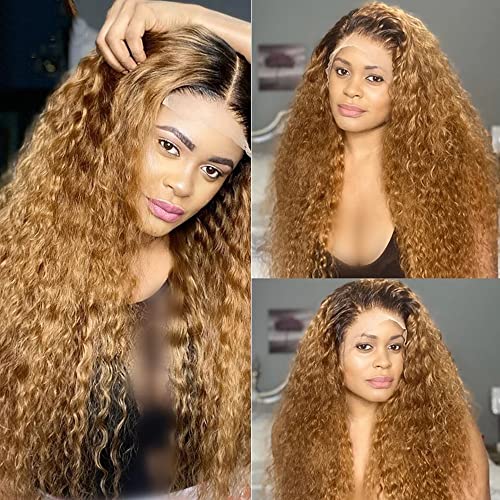 Ombre Human Hair Wigs 4x4 Closure Wig 1b27 Kinky Curly Wig Malaysian Virgin Hair Wet And Wavy With Baby Hair Pre Plucked Bleached Knots 2 Tone Dark Brown To Honey Blonde Hair 130% Density 24 Inch - Image 5